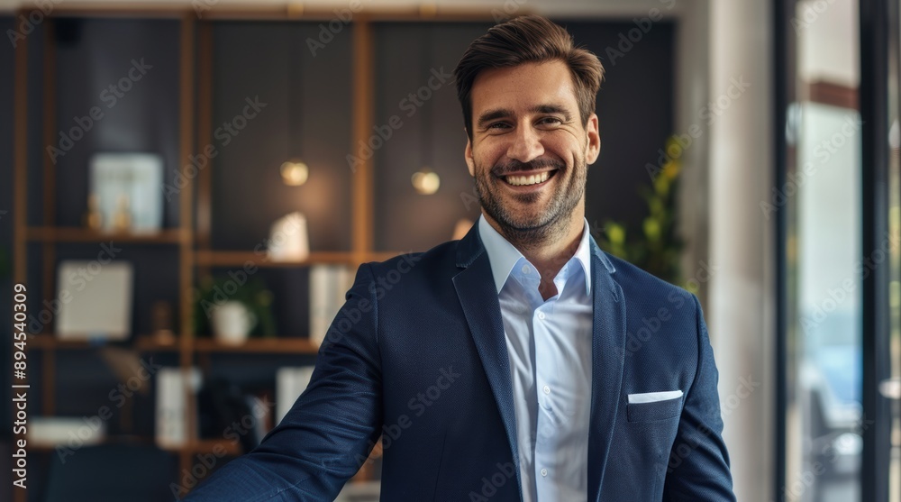 happy businessman, dressed in a business suit, exudes joy as he plans strategy with focused attention on the laptop screen in the modern office. happy businessman, dressed in a business suit, exudes joy as he plans strategy with focused attention on the laptop screen in the modern office.