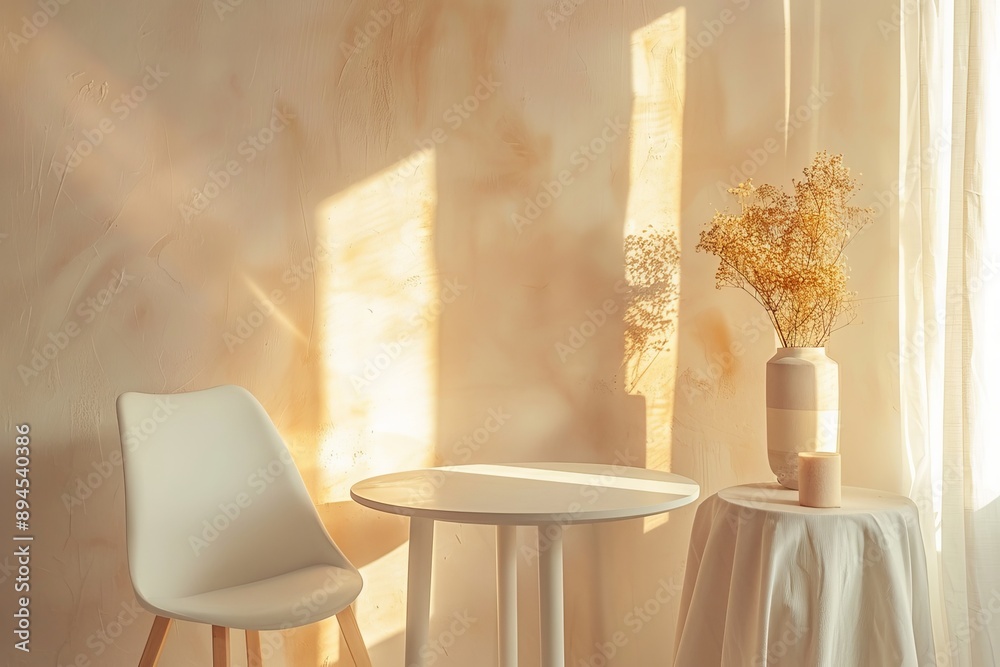 Interior of modern living room with beige walls, round table and white chair. Interior of modern living room with beige walls, round table and white chair.
