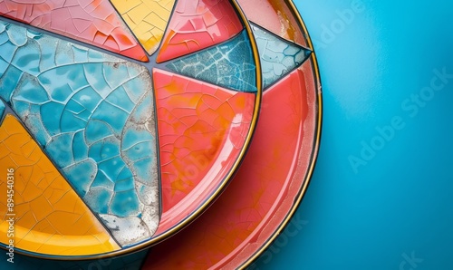 Geometric pattern on a ceramic plate, detailed textures and vibrant colors
