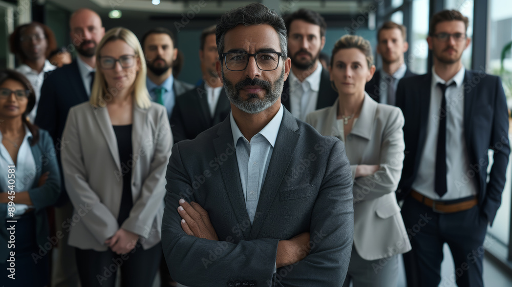 businessman in prime stands proudly with team, embodying essence of corporate success and unity, highlights dynamic group ready to tackle new business ventures and achieve goals. businessman in prime stands proudly with team, embodying essence of corporate success and unity, highlights dynamic group ready to tackle new business ventures and achieve goals.