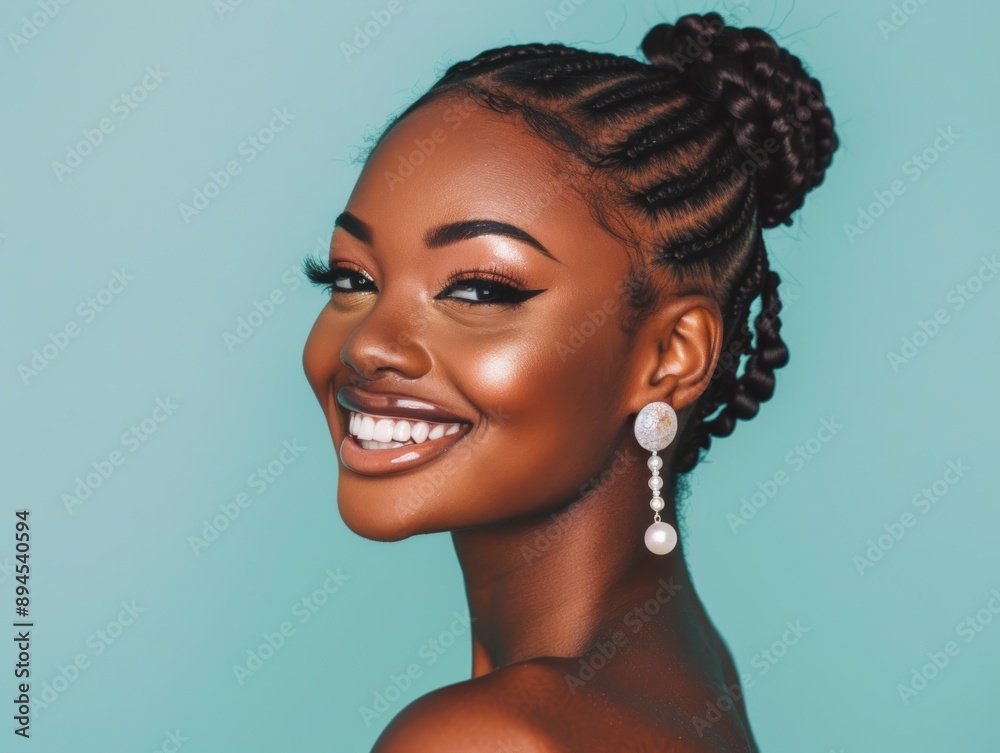 African American woman with vibrant blue eye makeup and braided hair, smiling radiantly against a turquoise blue background, her colorful earrings enhancing her natural beauty. African American woman with vibrant blue eye makeup and braided hair, smiling radiantly against a turquoise blue background, her colorful earrings enhancing her natural beauty.
