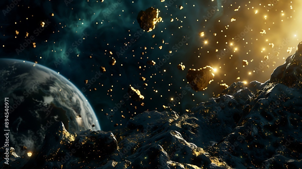 Golden Asteroid Field with Earth in the Distance. Golden Asteroid Field with Earth in the Distance.