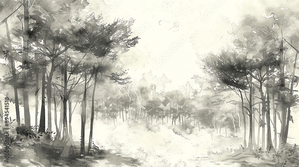 Fototapeta A misty forest scene painted in grayscale.
