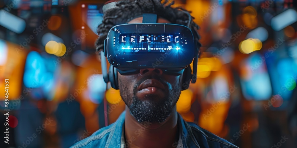 Man using VR headset, virtual cybersecurity training simulation, immersive learning experience Man using VR headset, virtual cybersecurity training simulation, immersive learning experience