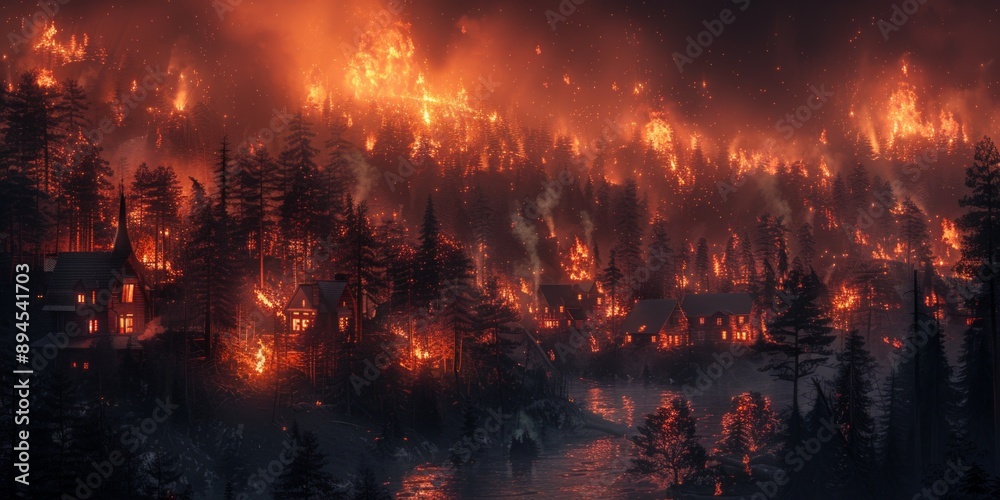 Massive wildfire triggered by human activity, engulfing forests and homes, demonstrating the power of nature and human impact, Massive wildfire triggered by human activity, engulfing forests and homes, demonstrating the power of nature and human impact,