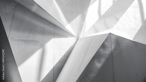 光と影が白い壁に幾何学的な形を作り出している、モノクロ写真アート風背景グラフィック