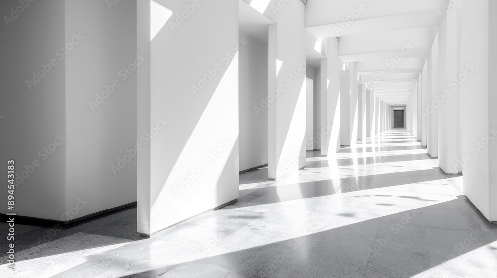 Obraz premium 光と影が白い壁に幾何学的な形を作り出している、モノクロ写真アート風背景グラフィック