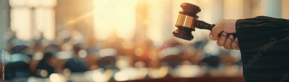 Judge holding a wooden gavel in a courtroom, symbolizing law and justice. Sunlight streams in, creating a warm and inspirational atmosphere. Judge holding a wooden gavel in a courtroom, symbolizing law and justice. Sunlight streams in, creating a warm and inspirational atmosphere.