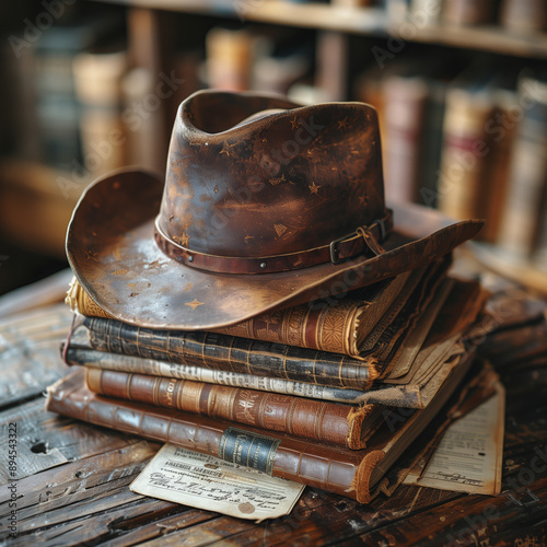 Vintage Cowboy Hat on Stack of Old Books in Rustic Library