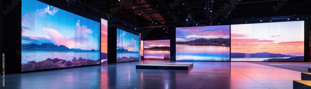 Large, vibrant displays showcasing stunning landscapes in an illuminated exhibition hall, offering a captivating visual experience. Large, vibrant displays showcasing stunning landscapes in an illuminated exhibition hall, offering a captivating visual experience.