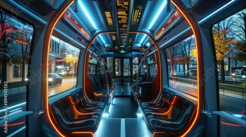 Futuristic high-tech bus interior with smart features, improving passenger comfort and convenience photo