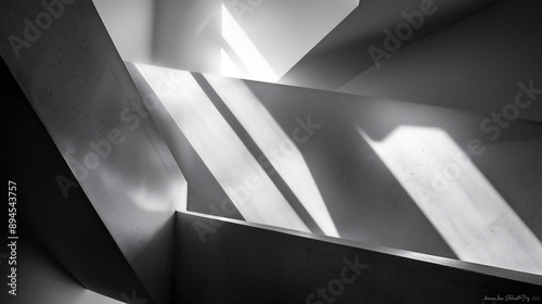 光と影が白い壁に幾何学的な形を作り出している、モノクロ写真アート風背景グラフィック