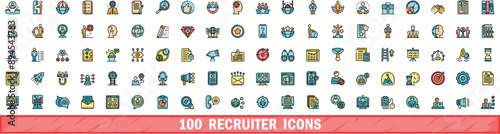 100 recruiter icons set. Color line set of recruiter vector icons thin line color flat on white