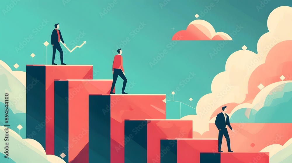 Fototapeta premium Business mentor helps to improve career and holding stairs steps vector illustration. Mentorship, upskills, climb help and self development strategy flat style design business concept.