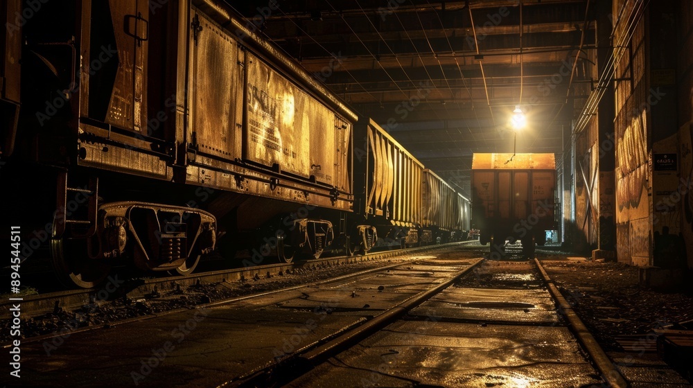 Photograph captured in dim lighting featuring freight train carts and wheels. Photograph captured in dim lighting featuring freight train carts and wheels.