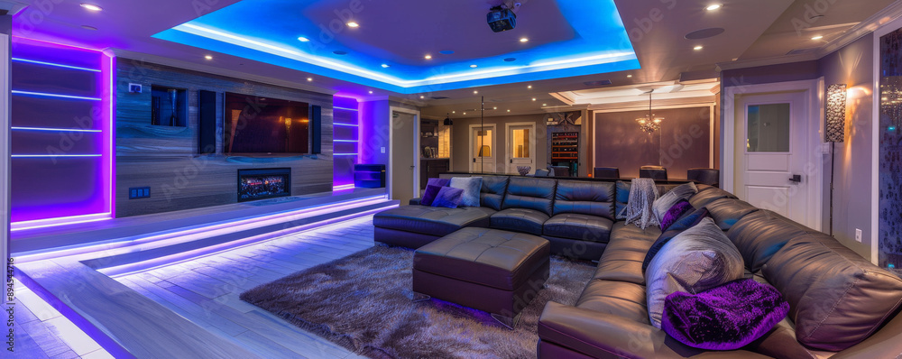 Enchanting modern basement adorned with LED strips, creating a vibrant and cozy atmosphere with comfortable seating and stylish accents, perfect for relaxation or entertainment. Enchanting modern basement adorned with LED strips, creating a vibrant and cozy atmosphere with comfortable seating and stylish accents, perfect for relaxation or entertainment.