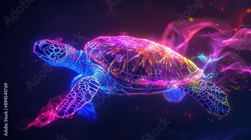 A bright color glow of the Turtle silhouette isolated in a dark background photo