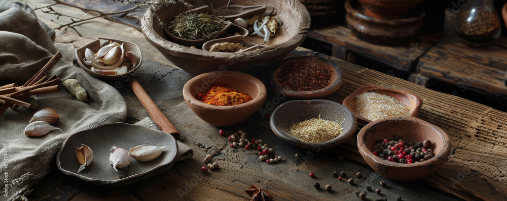A rustic table setting with a variety of spices in clay bowls. The earthy tones and natural textures of the spices and tableware create a warm and inviting culinary scene. A rustic table setting with a variety of spices in clay bowls. The earthy tones and natural textures of the spices and tableware create a warm and inviting culinary scene.