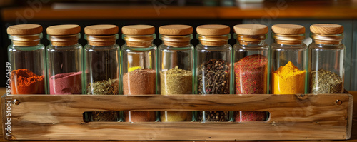 A wooden spice rack filled with glass jars of colorful spices. The neat organization and vibrant colors of the spices create an inviting and practical kitchen setup.