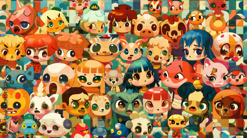 不思議で愉快な楽しい生き物たちがたくさん集まっているアーティスティックなイラスト