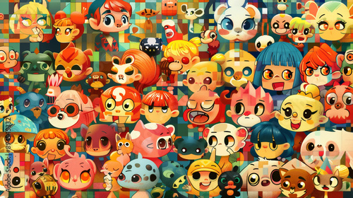 不思議で愉快な楽しい生き物たちがたくさん集まっているアーティスティックなイラスト