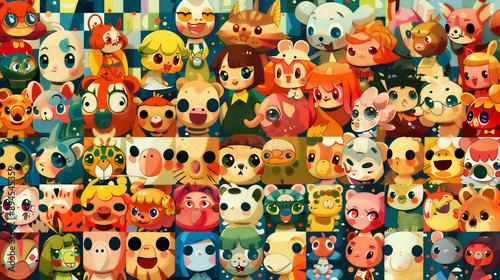 不思議で愉快な楽しい生き物たちがたくさん集まっているアーティスティックなイラスト