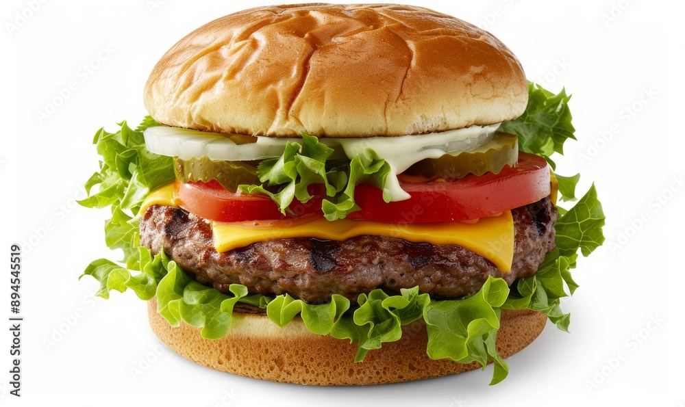 Plant-based burger loaded with lettuce, tomato, and vegan cheese Plant-based burger loaded with lettuce, tomato, and vegan cheese