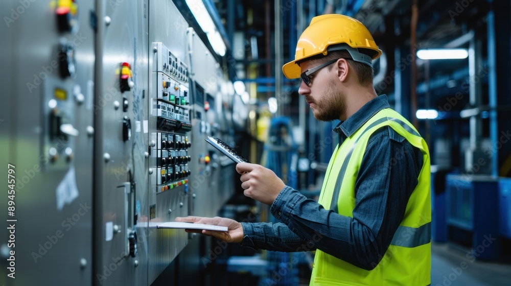 A male engineer in a safety vest and helmet and holding a clipboard to make notes, working with the controlling machine in a modern industrial factory, and automation. in the warehouse.