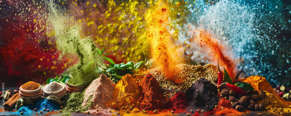 Fototapeta premium A vibrant display of spices being used in a cooking demonstration, with colorful powders and whole spices arranged in an engaging manner. The lively scene captures the essence of culinary creativity.