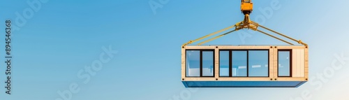 Modern modular home being lifted by crane against a clear blue sky. Prefabricated building concept. Innovative housing solution.