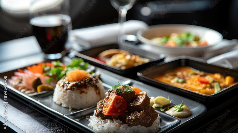 A serene in-flight meal service, showcasing gourmet food options available to travelers A serene in-flight meal service, showcasing gourmet food options available to travelers