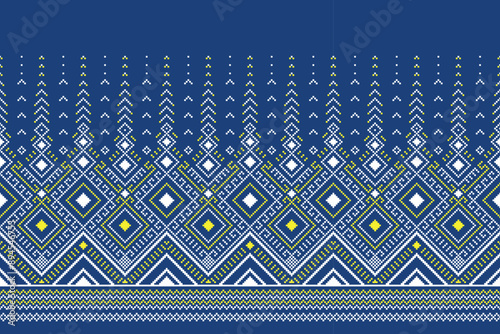 Fabric pixel abstract geometric pattern Thai stye on blue background. Design for clothing, fabric, background, wallpaper, wrapping, batik. Knitwear, Embroidery style. Aztec geometric art ornament