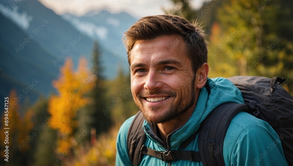 Portrait, sunshine and hiking with man, fitness and journey with nature, smile and getaway trip. Wellness, person and hiker with backpack, adventure and vacation with happiness, holiday and mountains Portrait, sunshine and hiking with man, fitness and journey with nature, smile and getaway trip. Wellness, person and hiker with backpack, adventure and vacation with happiness, holiday and mountains