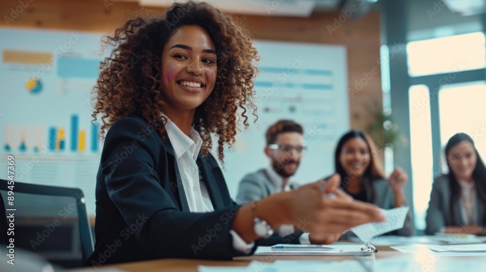 Happy young project manager woman offering plan, and management strategy to a diverse team. giving paper marketing reports to colleagues and business coaches training employees for sales growth. Happy young project manager woman offering plan, and management strategy to a diverse team. giving paper marketing reports to colleagues and business coaches training employees for sales growth.