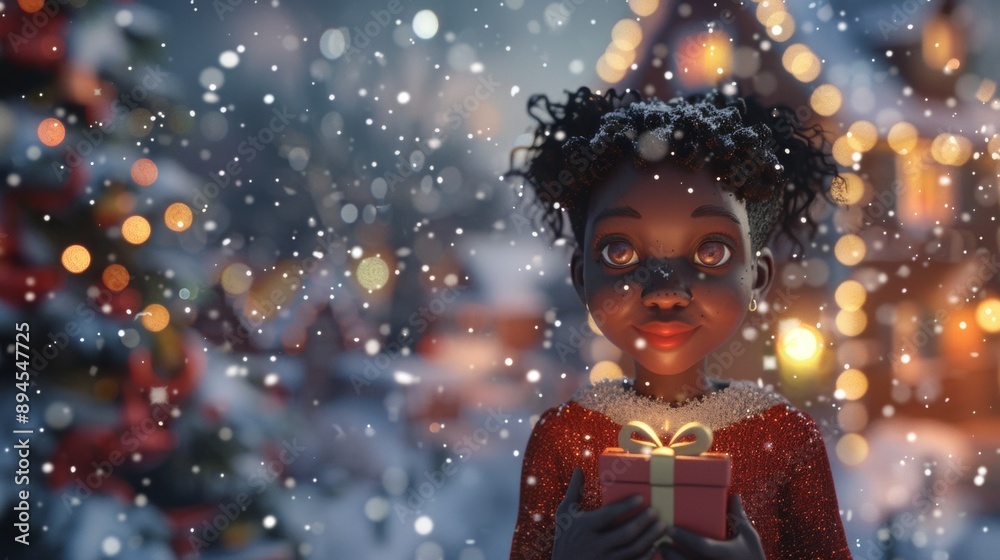 A young girl holding a gift box in front of christmas lights, AI A young girl holding a gift box in front of christmas lights, AI