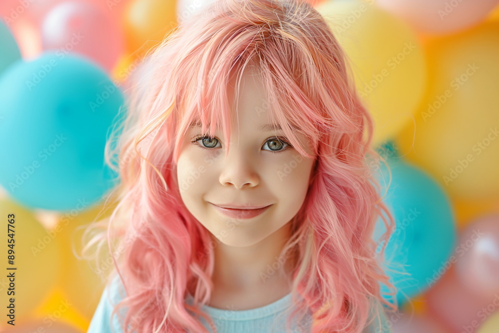 Little girl with pink hair standing in front of colorful balloons