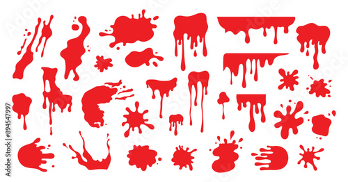 Hand drawn blood splash set. Blood stains, splatter, drops and blobs of blood in various shapes. Vector illustration