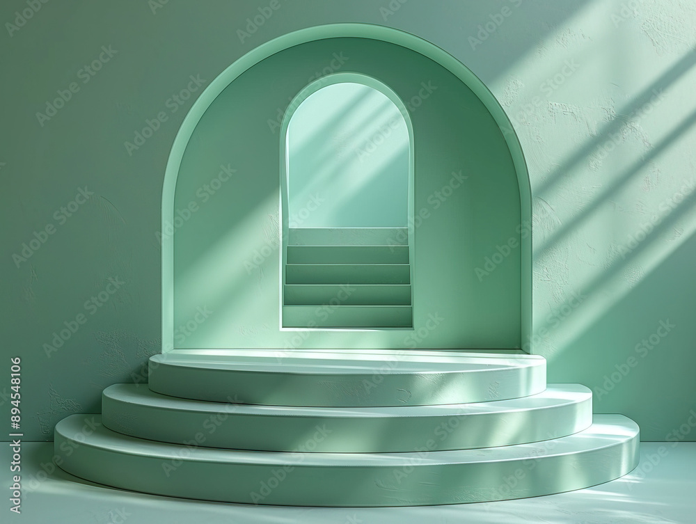 Green podium background platform product 3d studio presentation stage. Light abstract simple pedestal floor stand scene, wall pastel green color background render. Generative AI illustration Green podium background platform product 3d studio presentation stage. Light abstract simple pedestal floor stand scene, wall pastel green color background render. Generative AI illustration