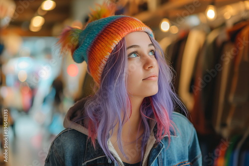 Young woman with purple hair and a colorful beanie, looking up in a store