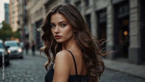 Fashion model woman walking along city street gray sidewalk Long loose brunette hair fly in wind motion Wave curl hairstyle