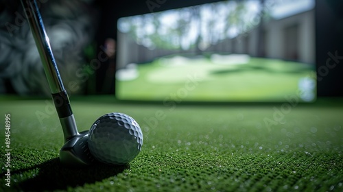 Golf ball and putter in indoor golf simulator
