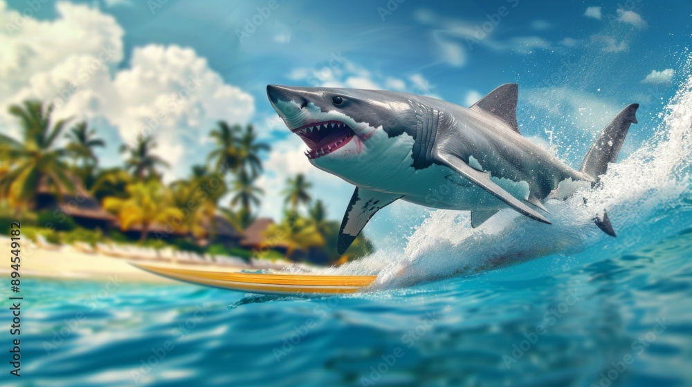 Fototapeta premium A great white shark leaps over a yellow surfboard in a tranquil beach setting. The scene includes palm trees, a house, and turquoise ocean waters.