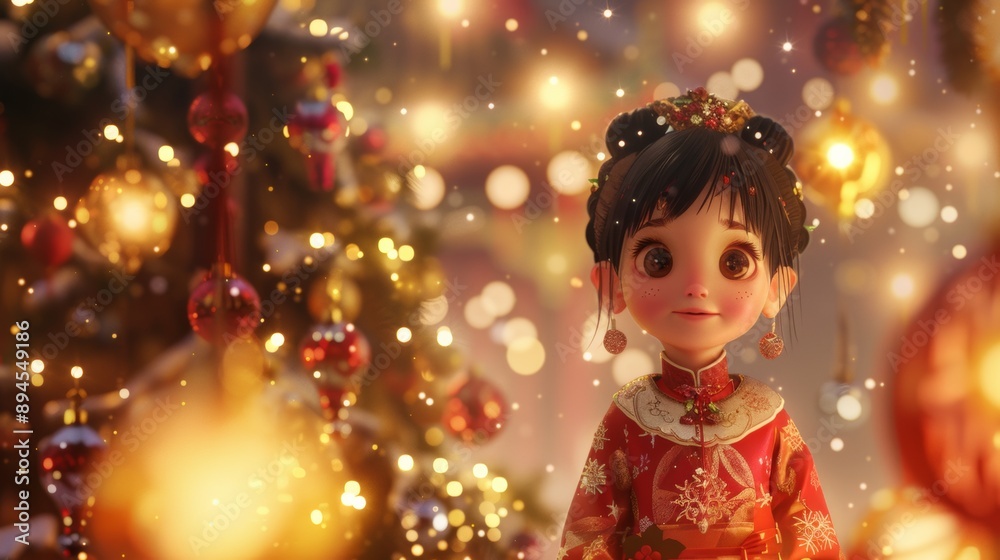 A close up of a cartoon girl in front of christmas lights, AI A close up of a cartoon girl in front of christmas lights, AI