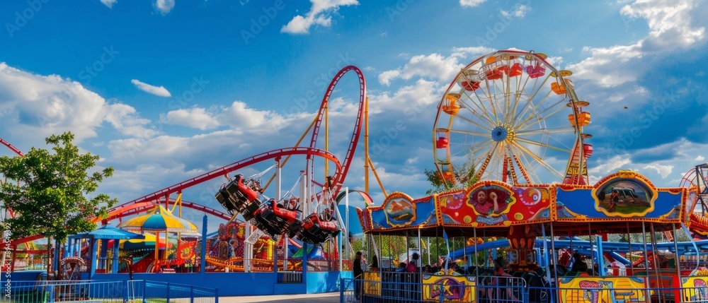 A vibrant amusement park scene featuring colorful roller coasters and a Ferris wheel under a blue sky with visitors enjoying various attractions. A vibrant amusement park scene featuring colorful roller coasters and a Ferris wheel under a blue sky with visitors enjoying various attractions.