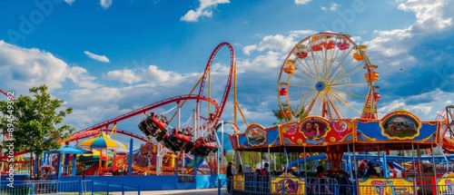 A vibrant amusement park scene featuring colorful roller coasters and a Ferris wheel under a blue sky with visitors enjoying various attractions.