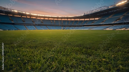 Closeup low angle of empty soccer sport grass field ground with white lines and stadium arena stands under the sunset sky