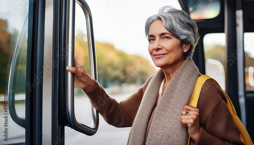 Elderly woman getting on a city bus photo