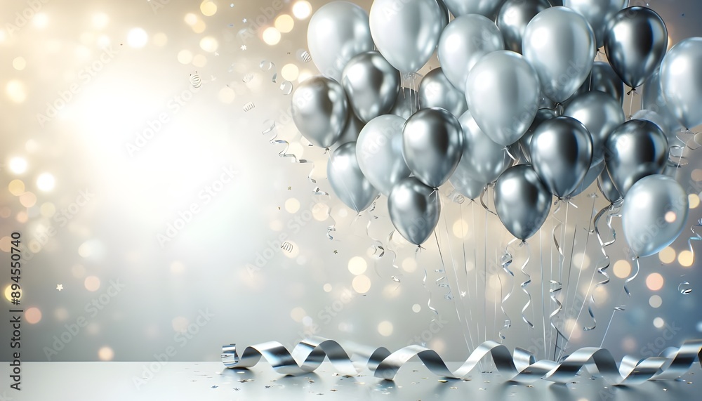 Celebration party banner with silver balloons on bright background with copy space – Generative AI Celebration party banner with silver balloons on bright background with copy space – Generative AI