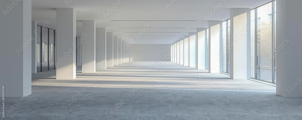 Fototapeta premium Spacious interior with large windows providing natural light, perfect for modern architecture or office design concepts.
