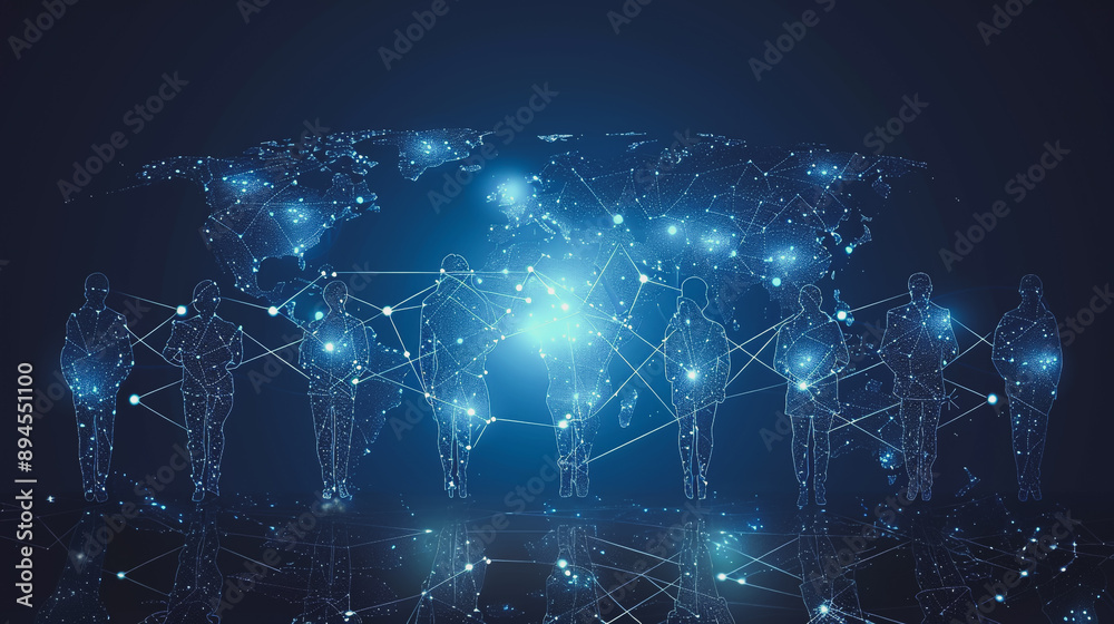 Obraz premium abstract professional business team people connection of line from nail node to node on world map background , networking concept